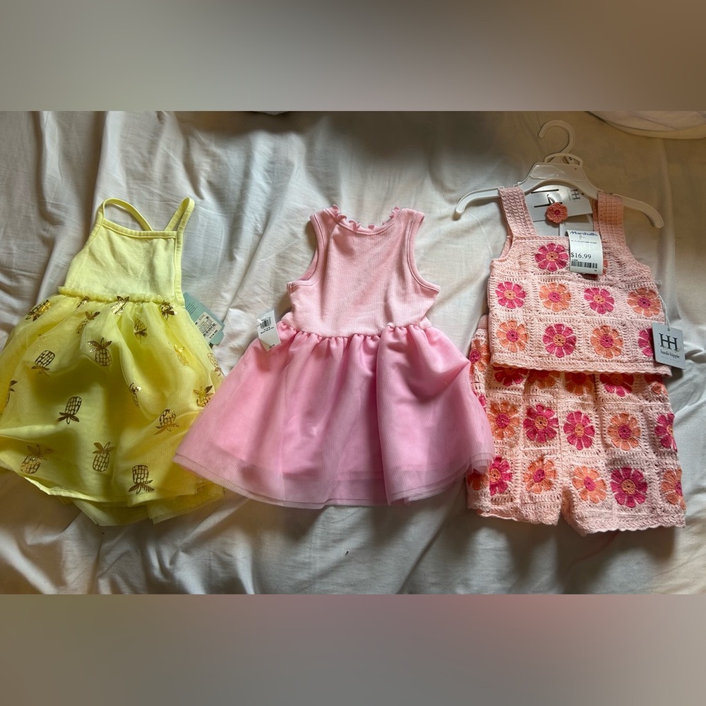 Pink Old Navy Dress, Yellow pineapple Cat and Jack dress, crochet set (24 mo)